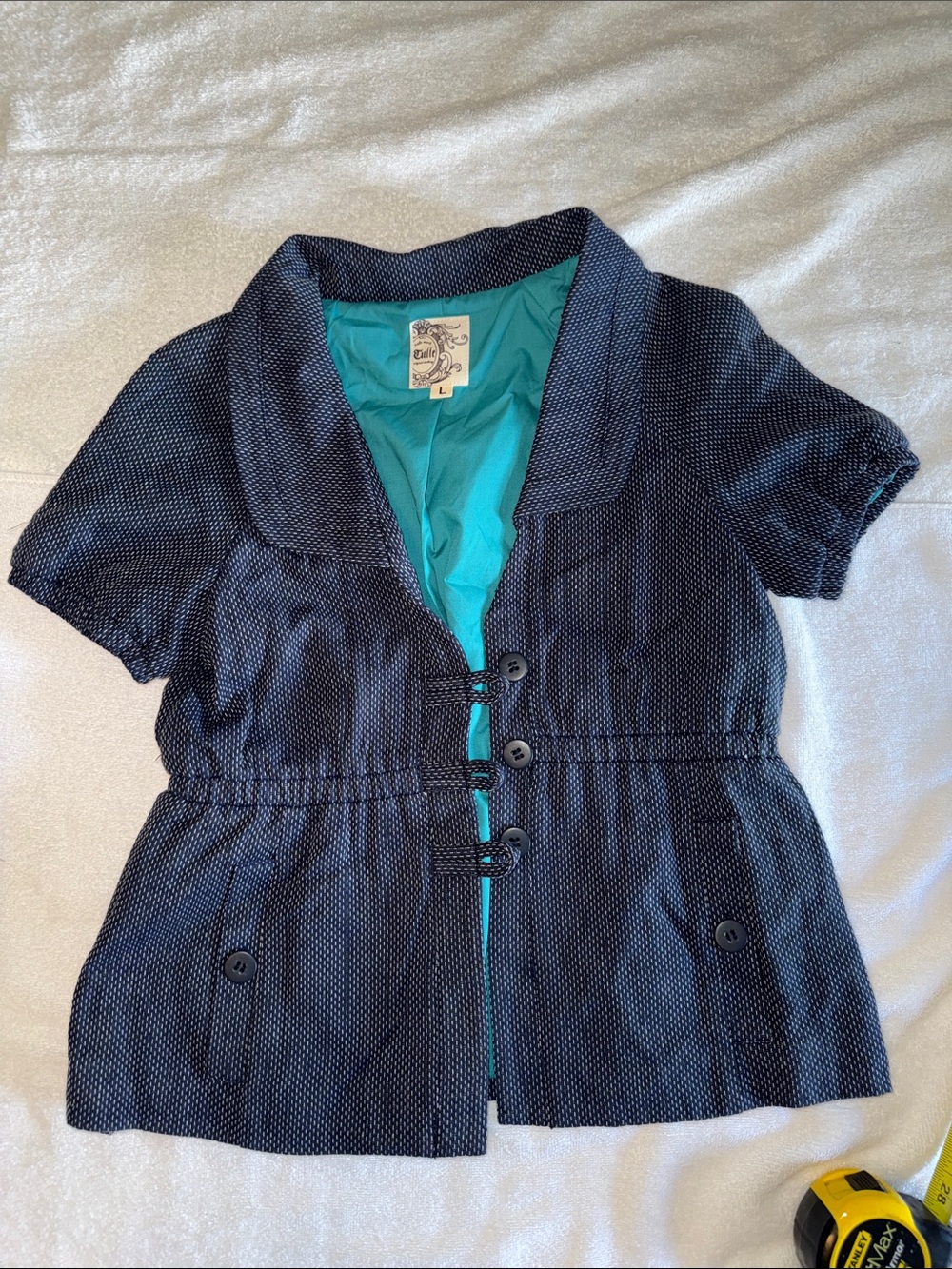 Tulle Navy Blue Dot Short Sleeve Blazer with Teal Lining